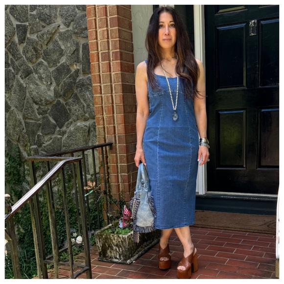 25 Slit Back Denim Dress With Spaghetti Strap - Picture 3 of 7
